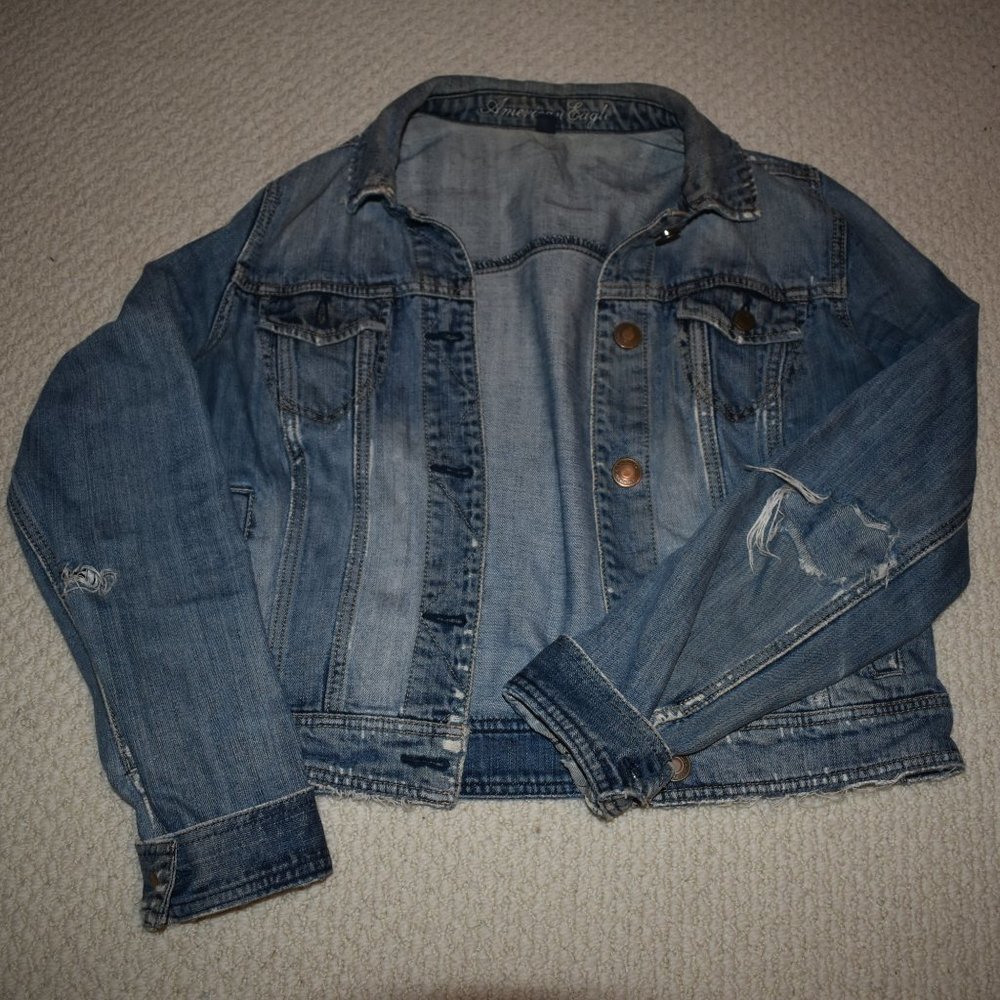AEO Cropped, Distressed Denim Jacket - Size L